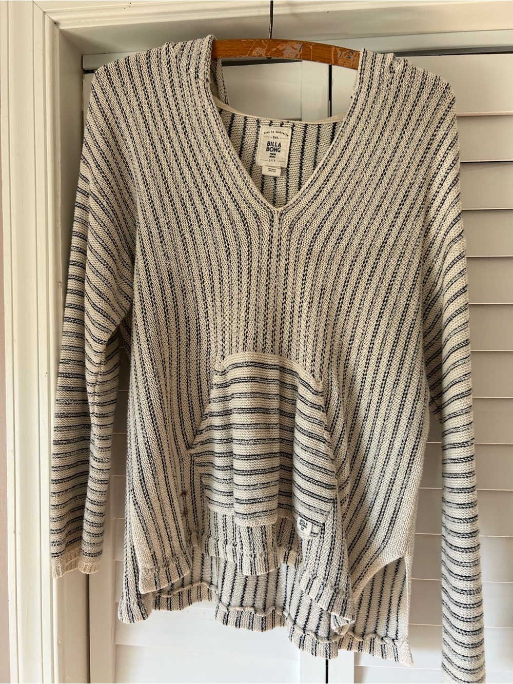 Billabong Cream and Black Striped V-Neck Pullover with Kangaroo Pocket